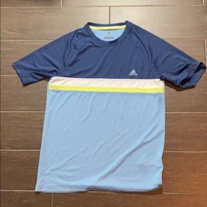 Adidas blue and light blue shirt with a neon strip